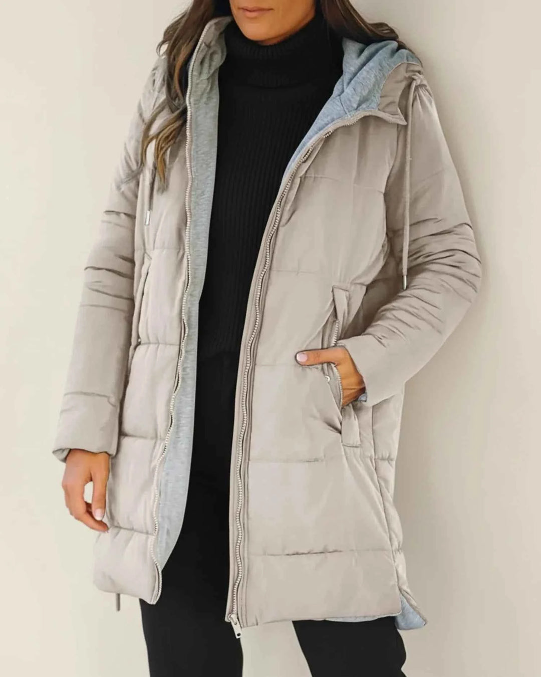 Women's Long Quilted Hooded Winter Jacket Beige
