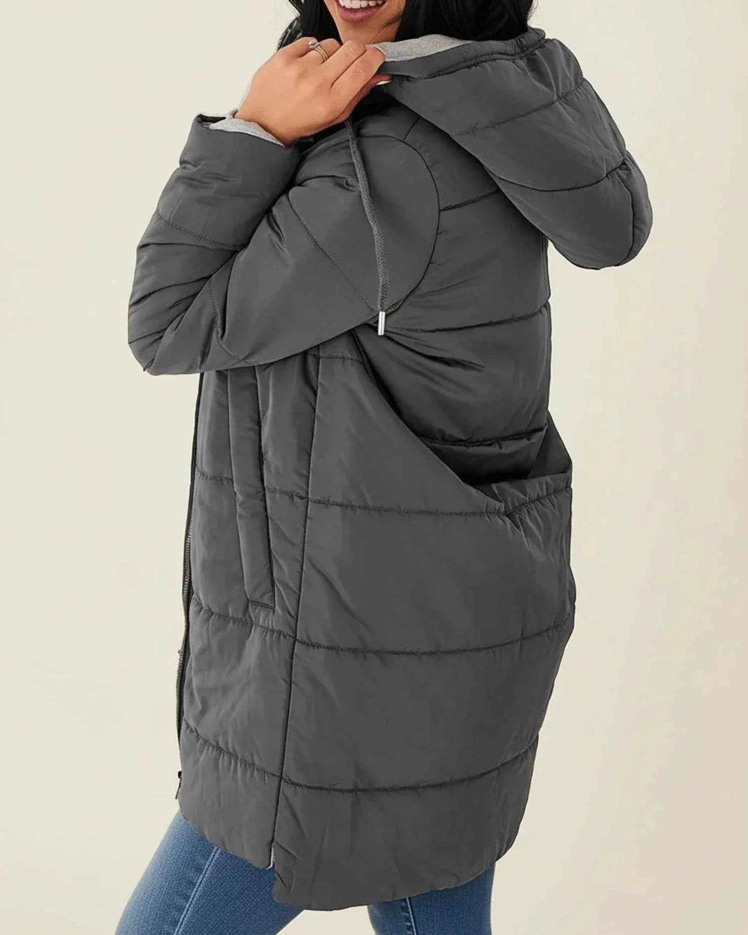 Women's Long Quilted Hooded Winter Jacket Dark Gray