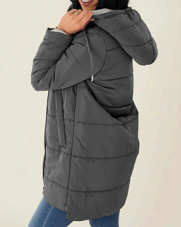 Women's Long Quilted Hooded Winter Jacket Dark Gray