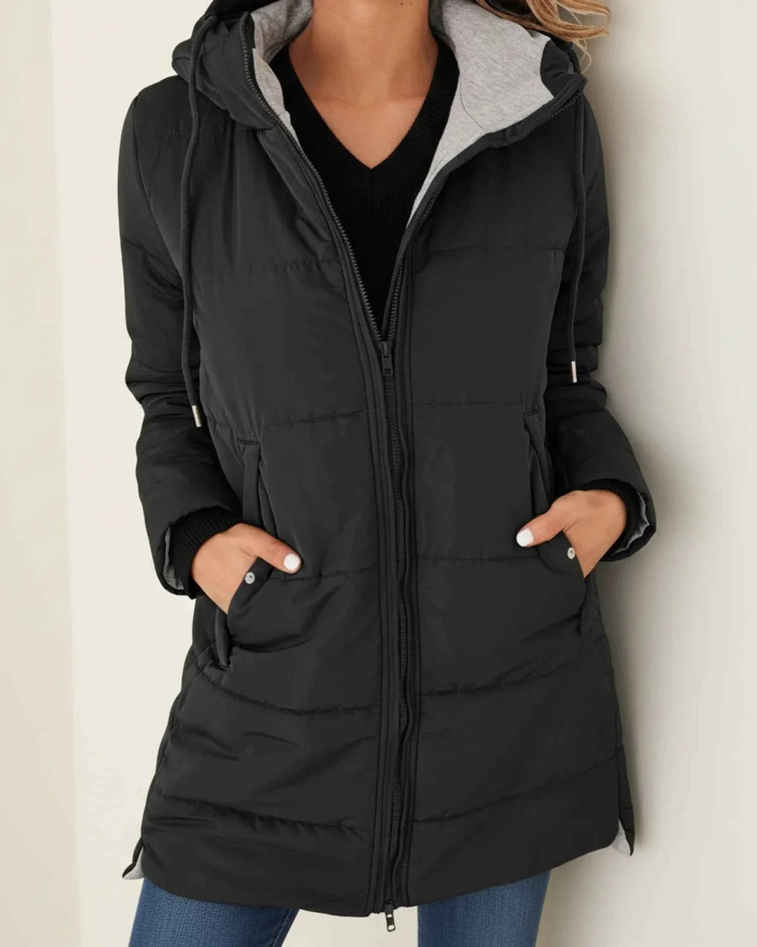 Women's Long Quilted Hooded Winter Jacket Black