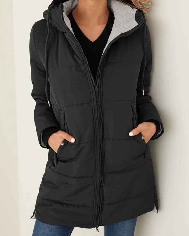 Women's Long Quilted Hooded Winter Jacket Black