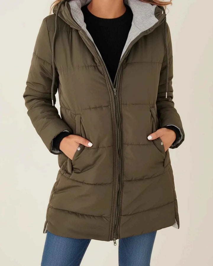 Women's Long Quilted Hooded Winter Jacket Army Green