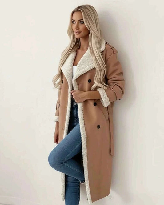 Women's Sherpa Double-breasted Coat Winter Essential Outerwear Khaki