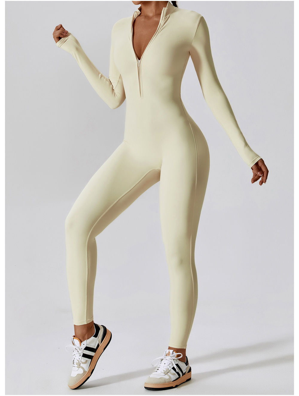 Women's Long Sleeve Shaping Yoga Fitness Jumpsuit Beige