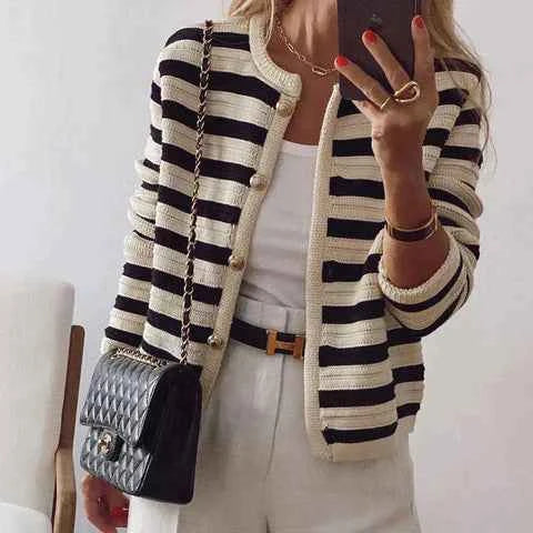 Women's Long Sleeve Striped Cardigan Black White