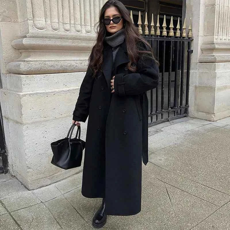 Women's Long Tailored Trenchcoat - Double-Layer Closure - Classic Style Black