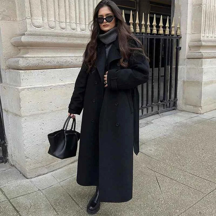 Women's Long Tailored Trenchcoat - Double-Layer Closure - Classic Style Black