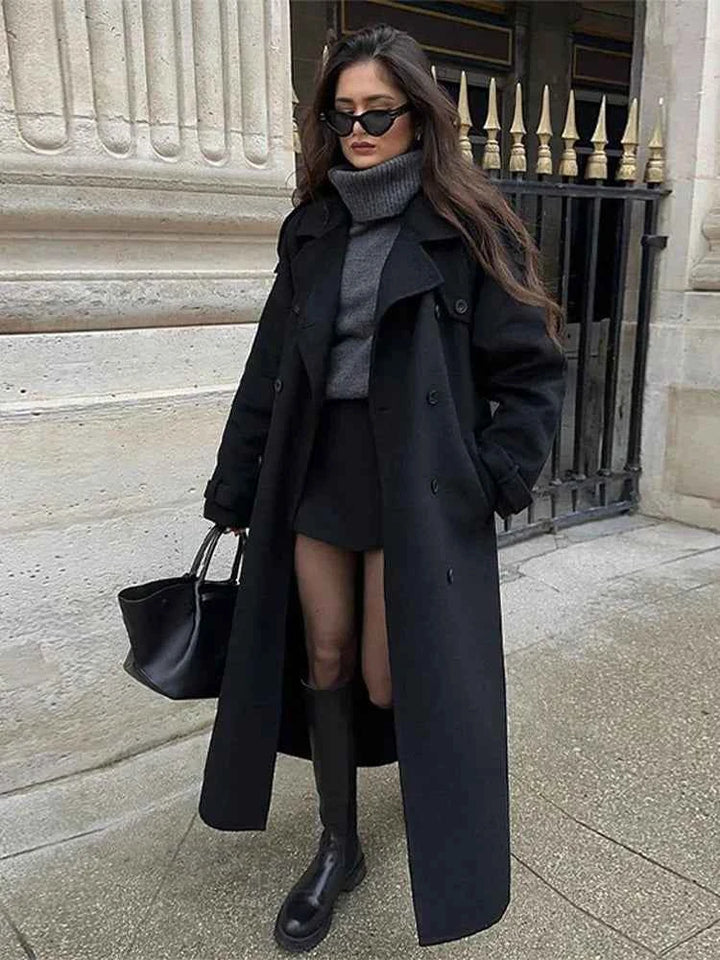 Women's Long Tailored Trenchcoat - Double-Layer Closure - Classic Style