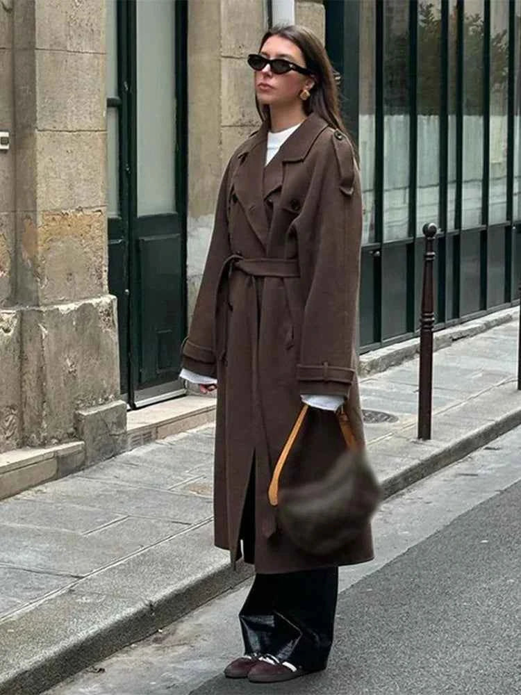 Women's Long Tailored Trenchcoat - Double-Layer Closure - Classic Style Brown