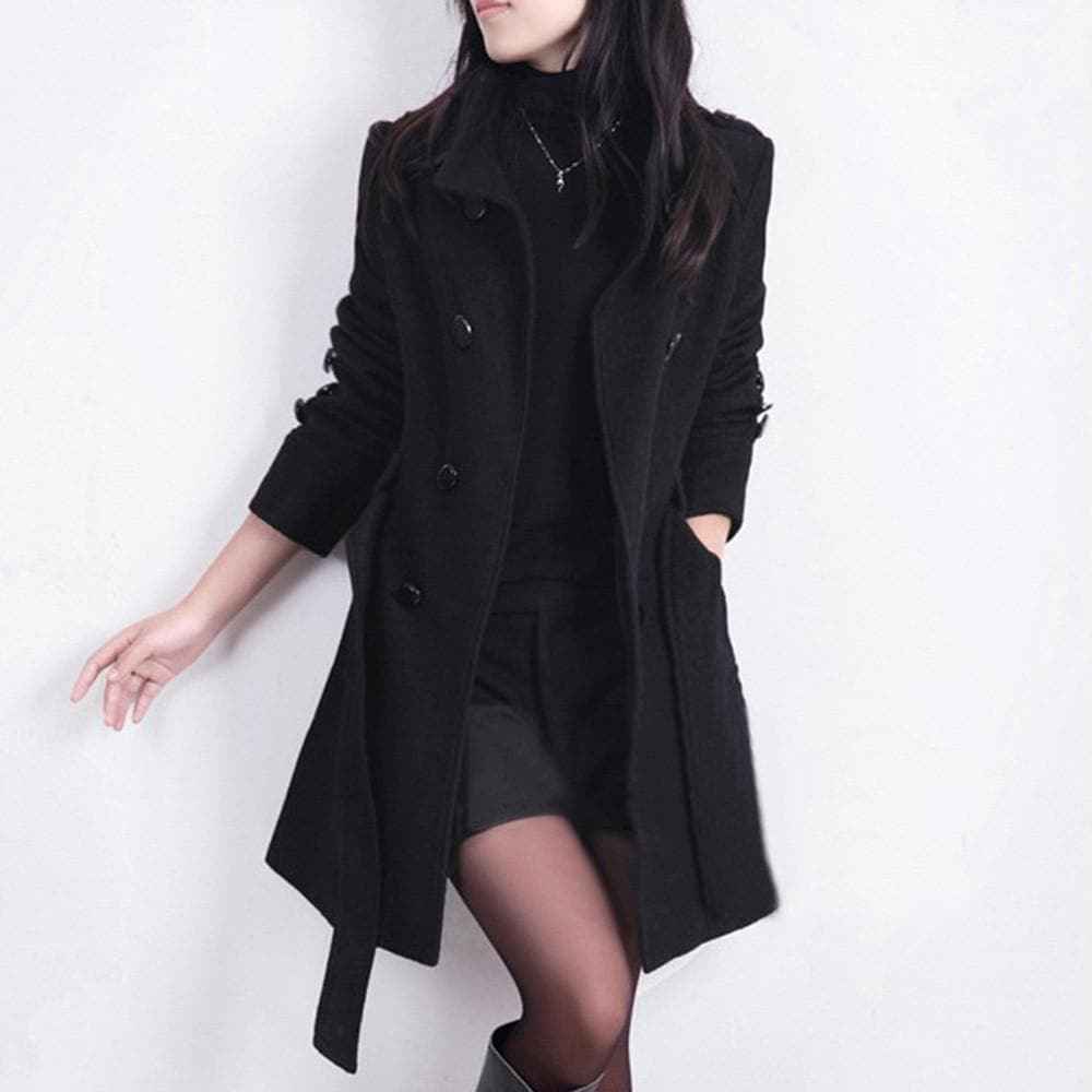 Women's Long Winter Trench Coat - Stylish & Warm Black