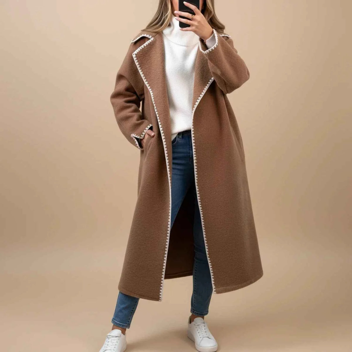 Women's Polyester Black Regular Fit Winter Longline Jacket Caramel