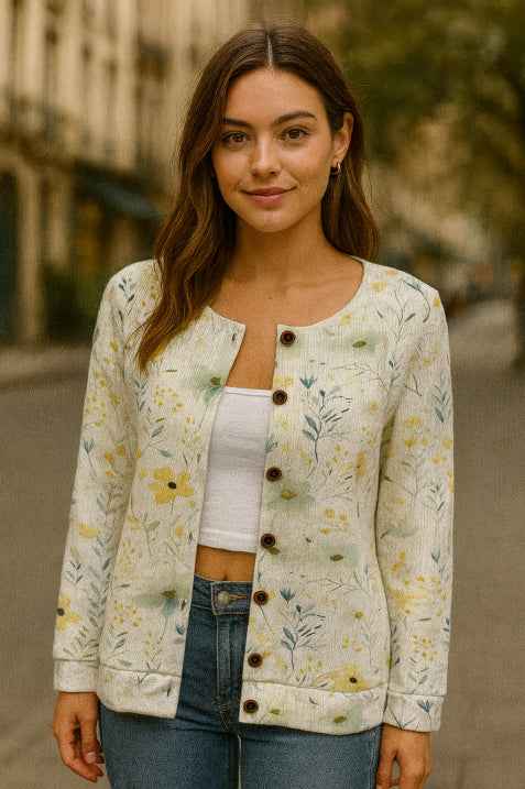 Women's Longline Floral Button-Up Cardigan White