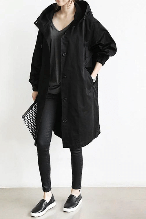 Women's Longline Rain Trench Coat - Waterproof & Stylish Black