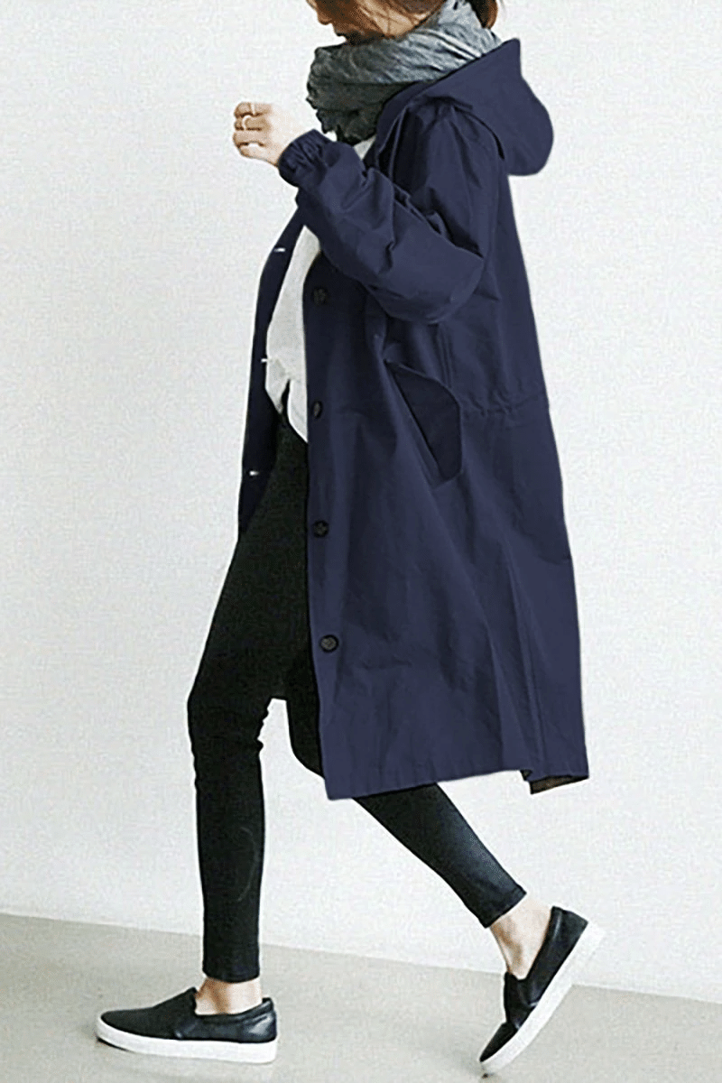 Women's Longline Rain Trench Coat - Waterproof & Stylish Navy Blue