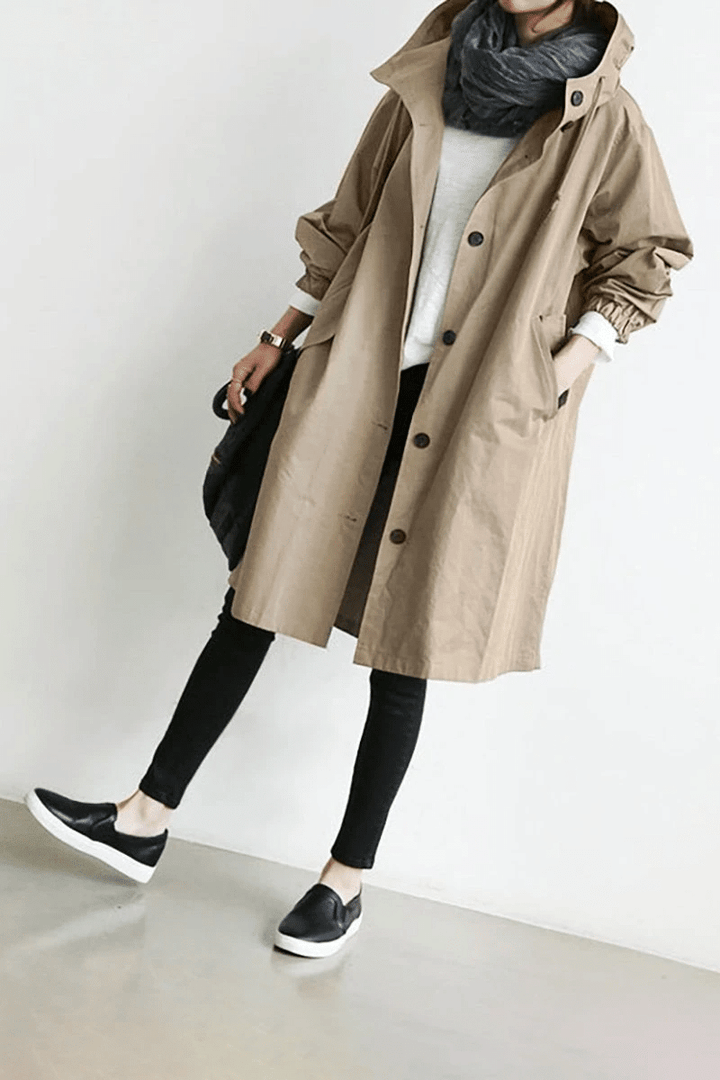 Women's Longline Rain Trench Coat - Waterproof & Stylish Khaki