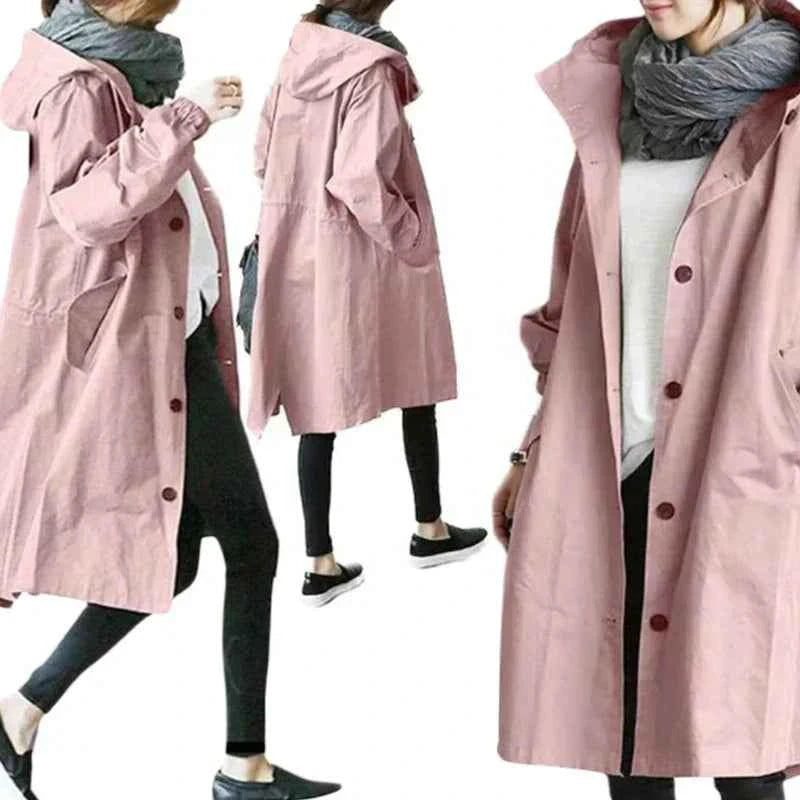 Women's Longline Rain Trench Coat - Waterproof & Stylish Rosa