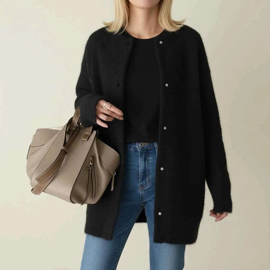 Women's Longline Button-Front Acrylic Winter Knit Cardigan Black
