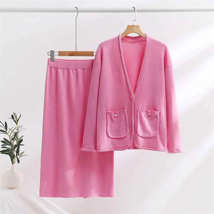 Women's Loose Fit Cardigan with Button Closure, Drawstring Waist, and Pockets Pink Een maat