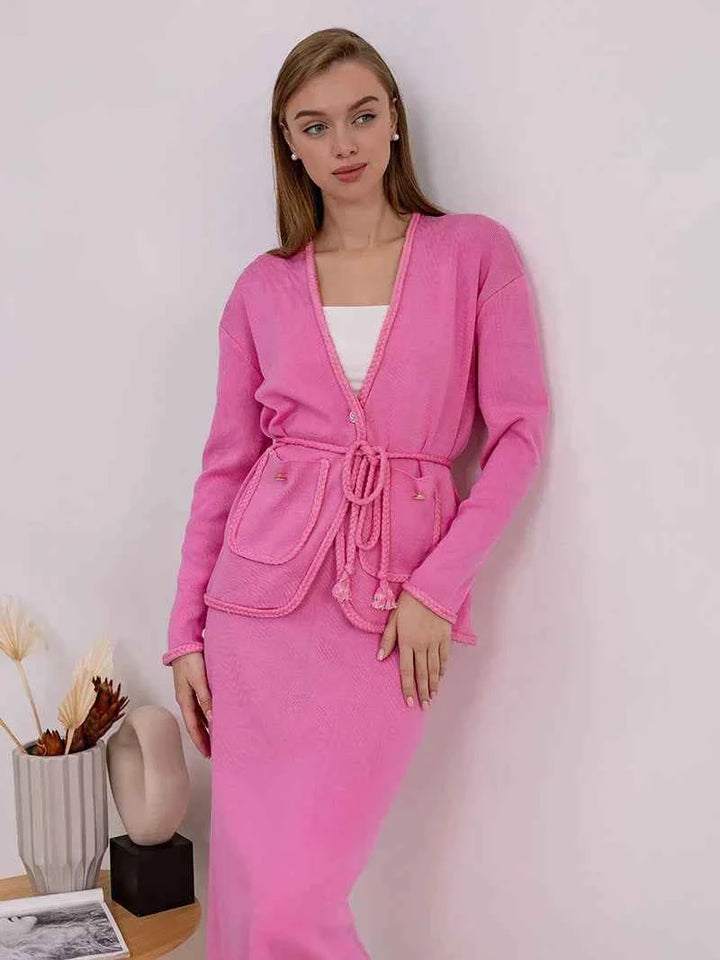 Women's Loose Fit Cardigan with Button Closure, Drawstring Waist, and Pockets