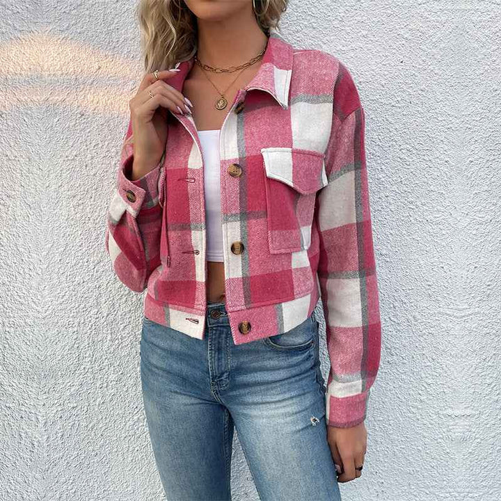 Women's Loose Fit Checked Cropped Jacket with Buttons, Long Sleeves, and Chest Pockets Pink-Red