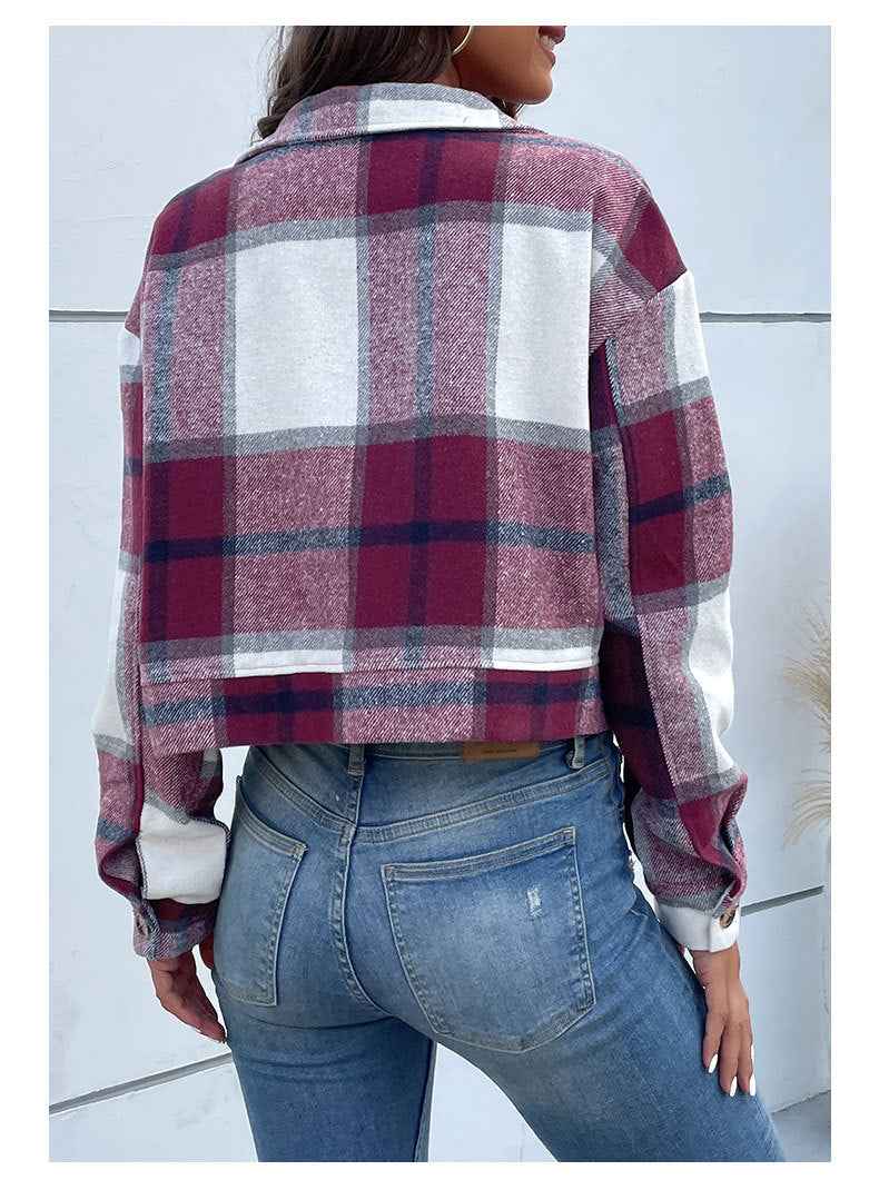 Women's Loose Fit Checked Cropped Jacket with Buttons, Long Sleeves, and Chest Pockets