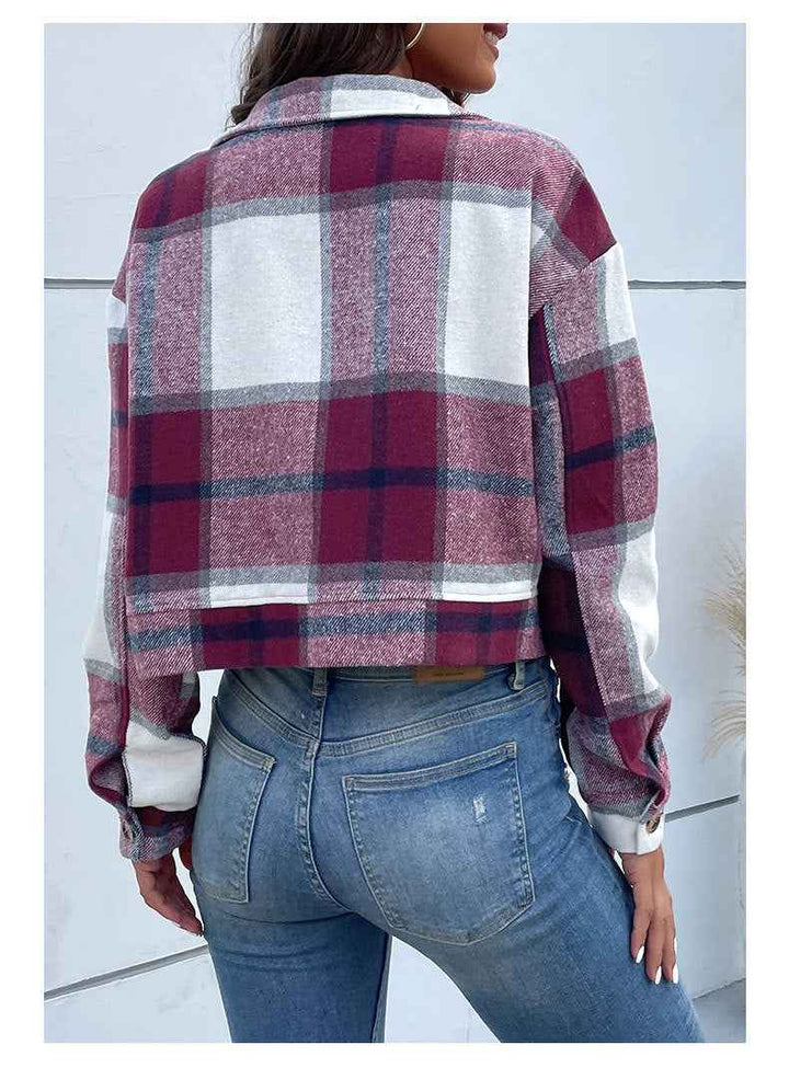 Women's Loose Fit Checked Cropped Jacket with Buttons, Long Sleeves, and Chest Pockets