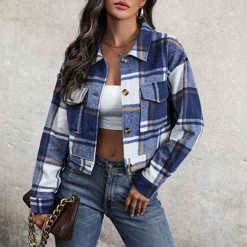 Women's Loose Fit Checked Cropped Jacket with Buttons, Long Sleeves, and Chest Pockets Dark Blue
