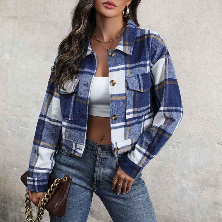 Women's Loose Fit Checked Cropped Jacket with Buttons, Long Sleeves, and Chest Pockets Dark Blue