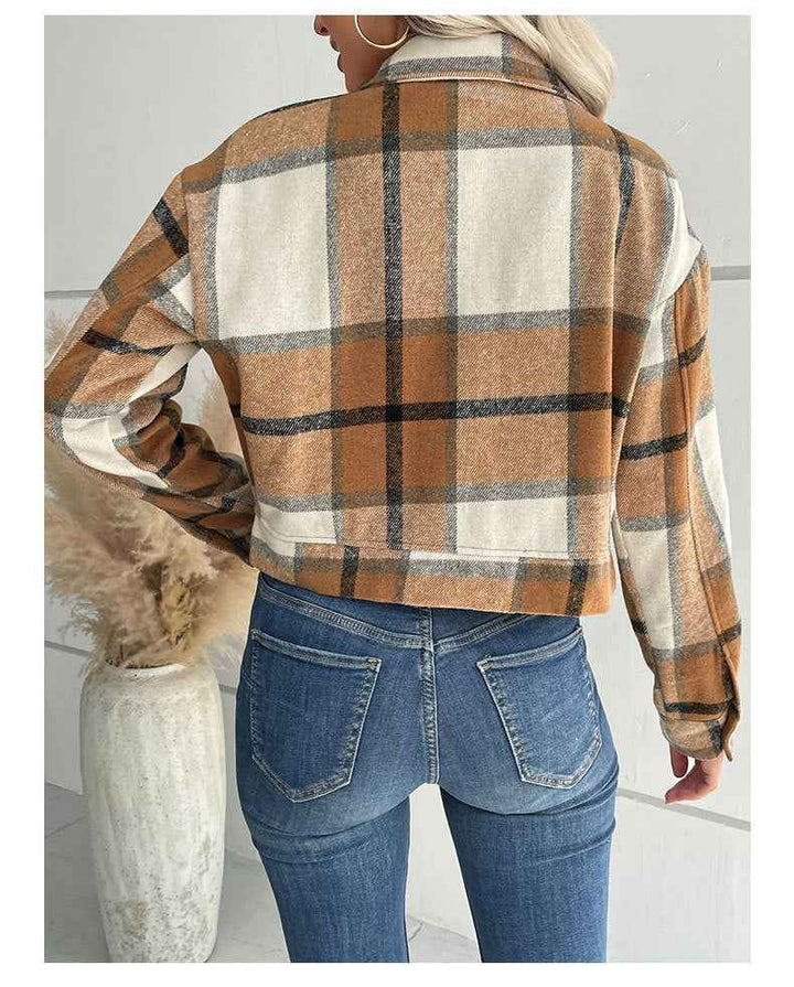 Women's Loose Fit Checked Cropped Jacket with Buttons, Long Sleeves, and Chest Pockets