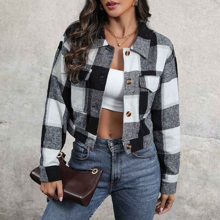 Women's Loose Fit Checked Cropped Jacket with Buttons, Long Sleeves, and Chest Pockets Black And White