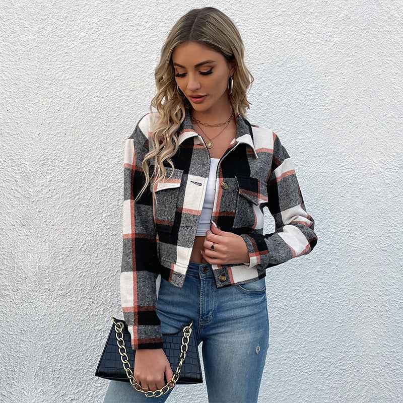 Women's Loose Fit Checked Cropped Jacket with Buttons, Long Sleeves, and Chest Pockets Black