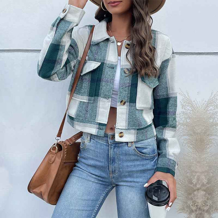 Women's Loose Fit Checked Cropped Jacket with Buttons, Long Sleeves, and Chest Pockets Green