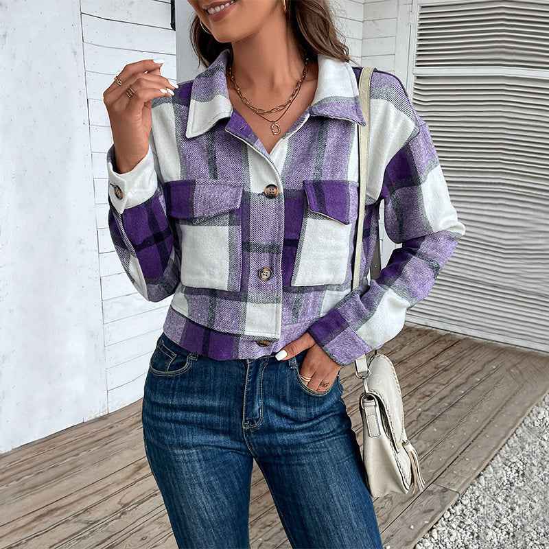 Women's Loose Fit Checked Cropped Jacket with Buttons, Long Sleeves, and Chest Pockets Purple