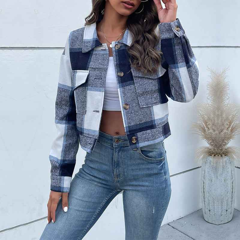 Women's Loose Fit Checked Cropped Jacket with Buttons, Long Sleeves, and Chest Pockets Blue