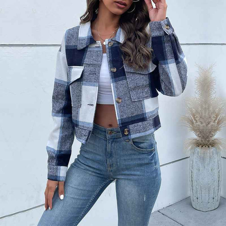 Women's Loose Fit Checked Cropped Jacket with Buttons, Long Sleeves, and Chest Pockets Blue