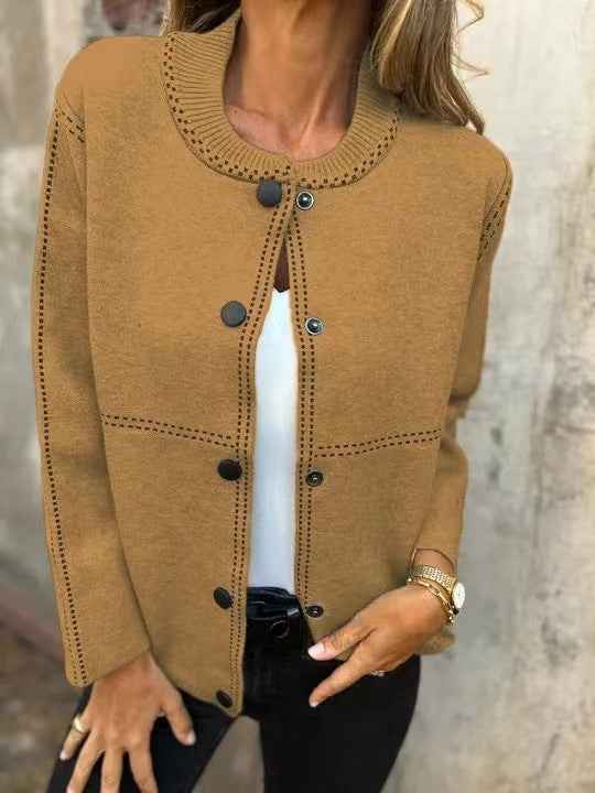 Women's Loose Fit Knitted Cardigan with Button Closure and Ribbed Details Khaki