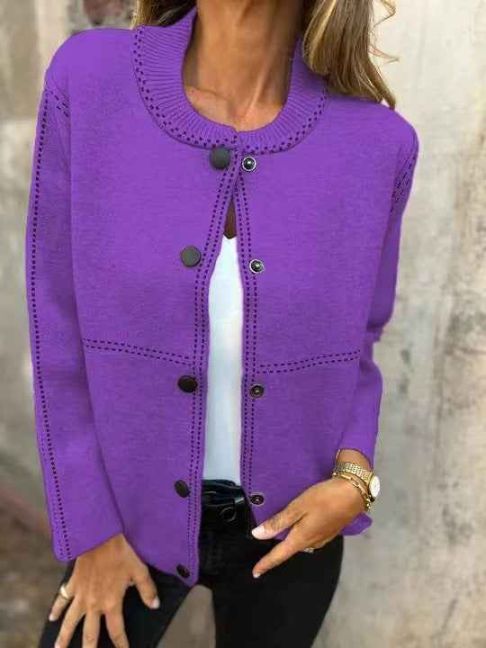 Women's Loose Fit Knitted Cardigan with Button Closure and Ribbed Details Purple