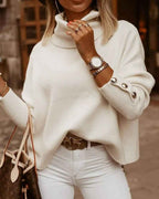 Women's Black Loose Fit Turtleneck Button Sleeve Knit Sweater White