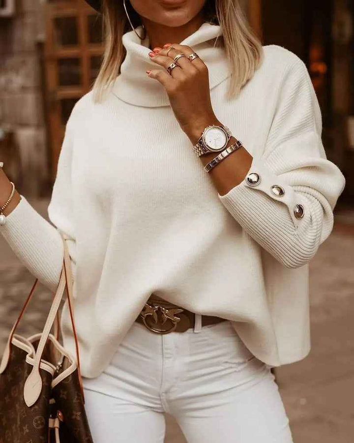 Women's Loose Fit Turtleneck Sweater – Knitted Fabric – Long Sleeve with Buttons White