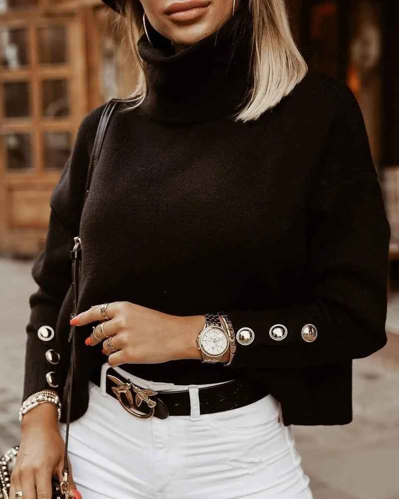 Women's Black Loose Fit Turtleneck Button Sleeve Knit Sweater Black