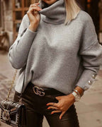 Women's Black Loose Fit Turtleneck Button Sleeve Knit Sweater Grey