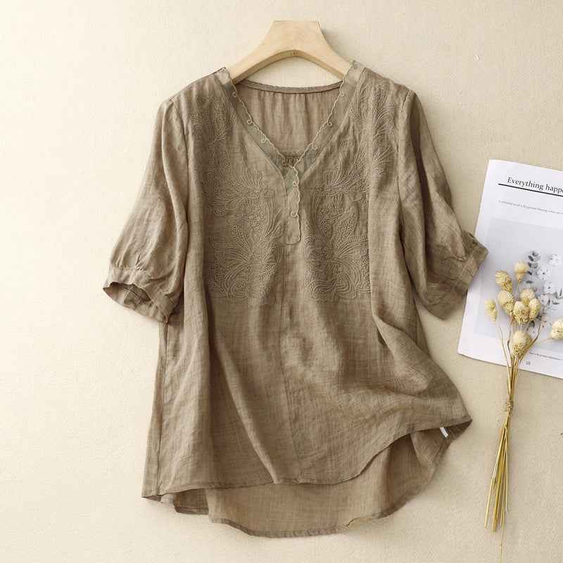 Women's Loose Fit V-Neck Blouse – Short Sleeves – Embroidered – Breathable Fabric