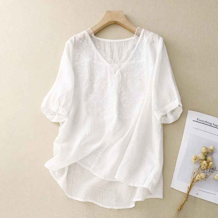 Women's Loose Fit V-Neck Blouse – Short Sleeves – Embroidered – Breathable Fabric White