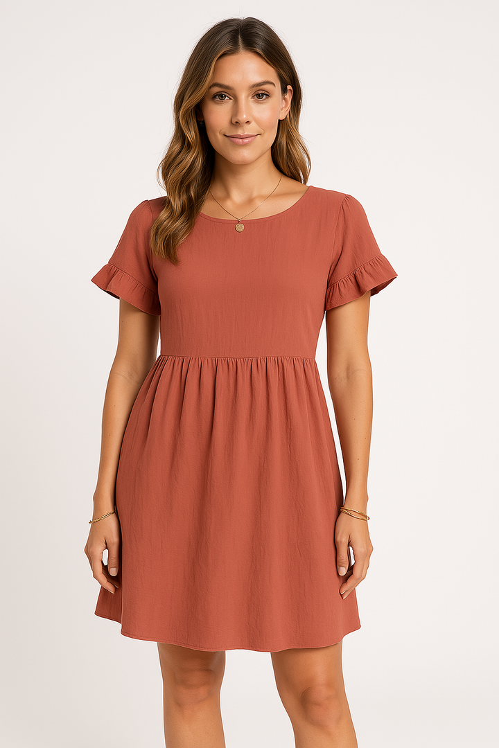 Women's Loose-Fitting Dress – Breathable Fabric – Ruffled Sleeves – Knee Length Brick Red