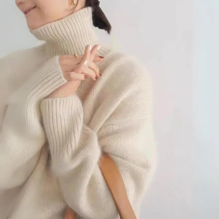 Women's Beige Cashmere Oversized Foldable High Neck Sweater