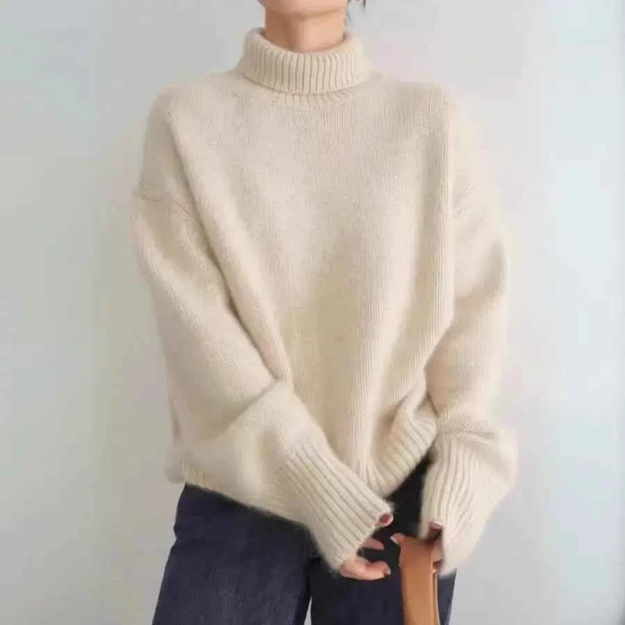 Women's Beige Cashmere Oversized Foldable High Neck Sweater