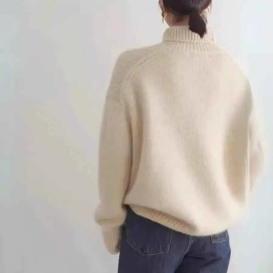 Women's Beige Cashmere Oversized Foldable High Neck Sweater