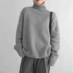 Women's Beige Cashmere Oversized Foldable High Neck Sweater Gray