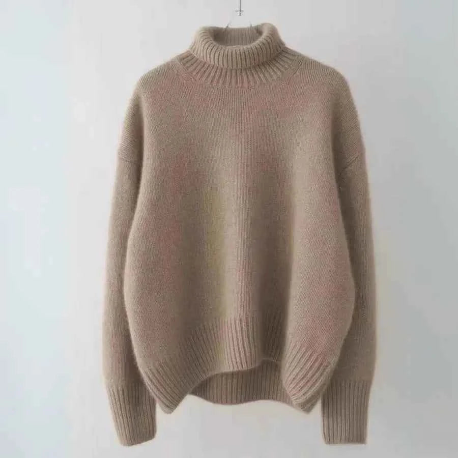 Women's Beige Cashmere Oversized Foldable High Neck Sweater Camel