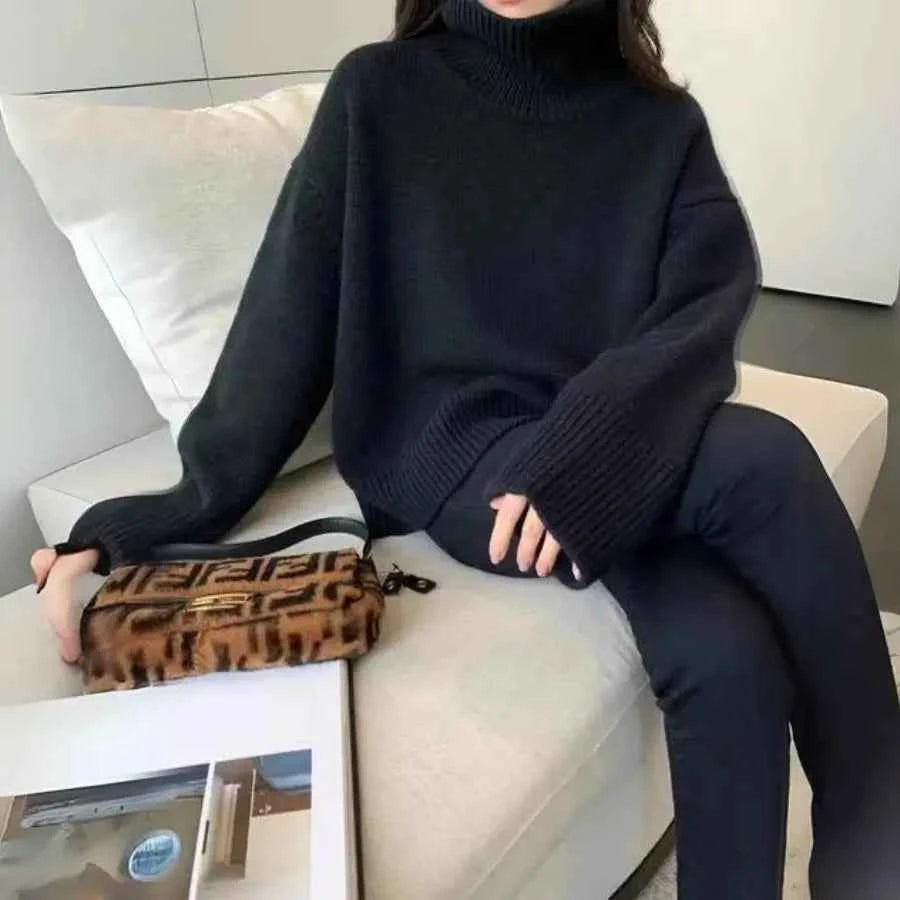Women's Beige Cashmere Oversized Foldable High Neck Sweater Black